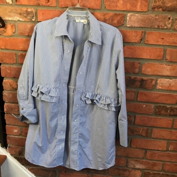 RIPE NEW Ruffle Striped Button Shirt Tunic Top Blouse Oversized Cotton Coastal M - Picture 4 of 16